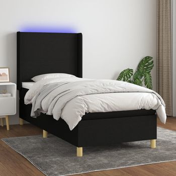 Cama Individual | Cama Box Spring | Cama Para Adultos Colchón Y Luces Led Tela Negro 90x200 Cm Cfw363904