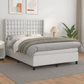 Cama Matrimonial | Cama Para Adultos | Cama Box Spring Con Colchón Cuero Sintético Blanco 140x190 Cm Cfw57991