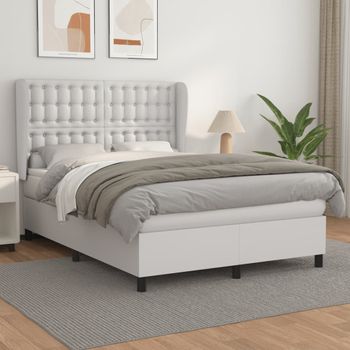 Cama Matrimonial | Cama Para Adultos | Cama Box Spring Con Colchón Cuero Sintético Blanco 140x190 Cm Cfw18977