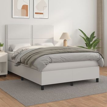 Cama Matrimonial | Cama Para Adultos | Cama Box Spring Con Colchón Cuero Sintético Blanco 140x190 Cm Cfw842002