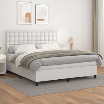 Cama Doble | Cama Box Spring | Cama Para Adultos Con Colchón Cuero Sintético Blanco 180x200 Cm Cfw387554