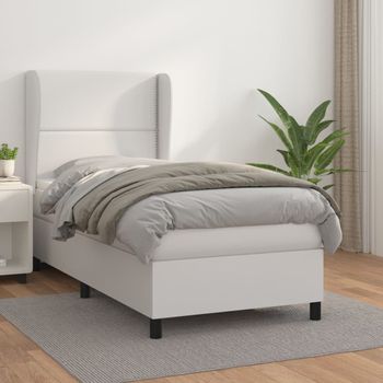 Cama Individual | Cama Box Spring | Cama Para Adultos Con Colchón Cuero Sintético Blanco 90x190 Cm Cfw522361