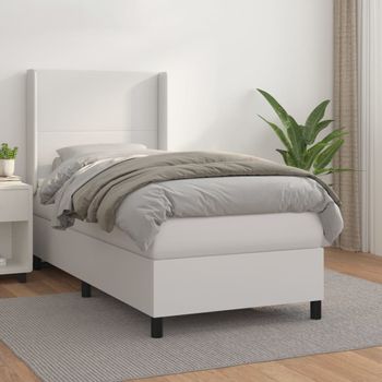 Cama Individual | Cama Box Spring | Cama Para Adultos Con Colchón Cuero Sintético Blanco 90x190 Cm Cfw442023