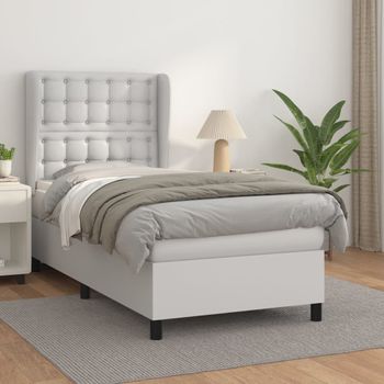 Cama Individual | Cama Box Spring | Cama Para Adultos Con Colchón Cuero Sintético Blanco 90x190 Cm Cfw203430