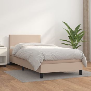 Cama Individual | Cama Para Adultos | Cama Box Spring Con Colchón Cuero Sintético Capuchino 90x190 Cm Cfw56705