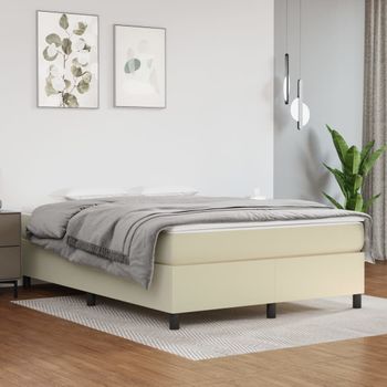 Cama Doble | Cama Box Spring | Cama Para Adultos Con Colchón Cuero Sintético Crema 140x190 Cm Cfw926077