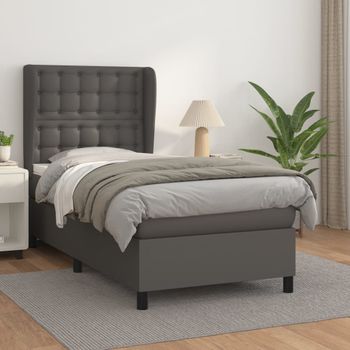 Cama Individual | Cama Box Spring | Cama Para Adultos Con Colchón Cuero Sintético Gris 100x200 Cm Cfw635415