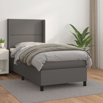 Cama Individual | Cama Box Spring | Cama Para Adultos Con Colchón Cuero Sintético Gris 100x200 Cm Cfw325843