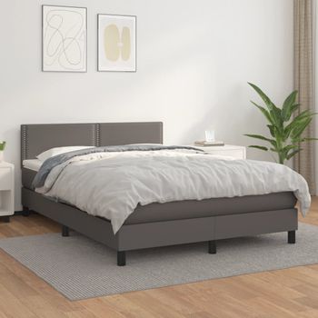 Cama Matrimonial | Cama Para Adultos | Cama Box Spring Con Colchón Cuero Sintético Gris 140x200 Cm Cfw110293