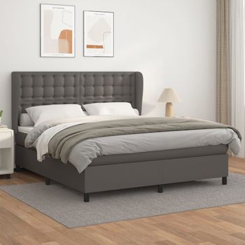 Cama Doble | Cama Box Spring | Cama Para Adultos Con Colchón Cuero Sintético Gris 180x200 Cm Cfw444929