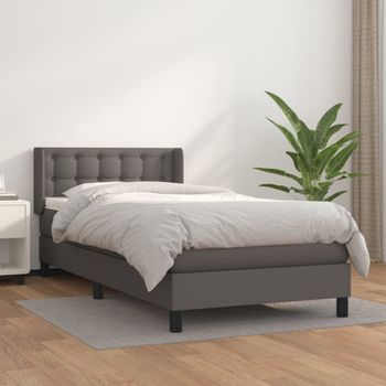 Cama Individual | Cama Para Adultos | Cama Box Spring Con Colchón Cuero Sintético Gris 90x190 Cm Cfw385150