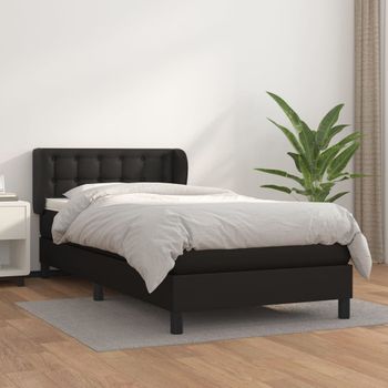 Cama Individual | Cama Box Spring | Cama Para Adultos Con Colchón Cuero Sintético Negro 100x200 Cm Cfw682647