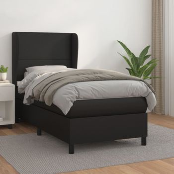 Cama Individual | Cama Box Spring | Cama Para Adultos Con Colchón Cuero Sintético Negro 100x200 Cm Cfw415006