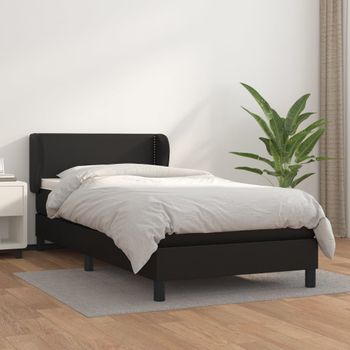 Cama Individual | Cama Box Spring | Cama Para Adultos Con Colchón Cuero Sintético Negro 100x200 Cm Cfw283227