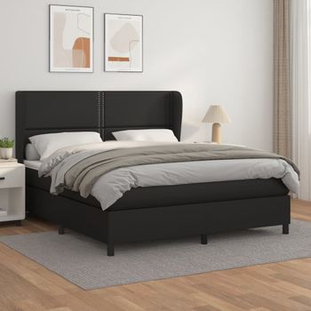 Cama Doble | Cama Box Spring | Cama Para Adultos Con Colchón Cuero Sintético Negro 160x200 Cm Cfw492994