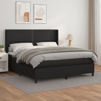 Cama Doble | Cama Box Spring | Cama Para Adultos Con Colchón Cuero Sintético Negro 160x200 Cm Cfw189769