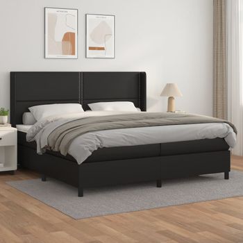 Cama Doble | Cama Box Spring | Cama Para Adultos Con Colchón Cuero Sintético Negro 200x200 Cm Cfw325761