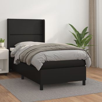 Cama Individual | Cama Box Spring | Cama Para Adultos Con Colchón Cuero Sintético Negro 80x200 Cm Cfw313529