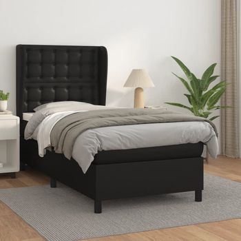 Cama Individual | Cama Box Spring | Cama Para Adultos Con Colchón Cuero Sintético Negro 80x200 Cm Cfw830725