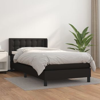 Cama Individual | Cama Box Spring | Cama Para Adultos Con Colchón Cuero Sintético Negro 80x200 Cm Cfw946023