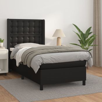 Cama Individual | Cama Box Spring | Cama Para Adultos Con Colchón Cuero Sintético Negro 80x200 Cm Cfw476709