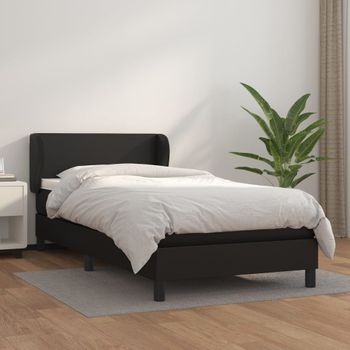 Cama Individual | Cama Box Spring | Cama Para Adultos Con Colchón Cuero Sintético Negro 90x190 Cm Cfw561006