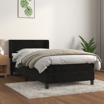 Cama Individual | Cama Box Spring | Cama Para Adultos Con Colchón Cuero Sintético Negro 90x190 Cm Cfw722120