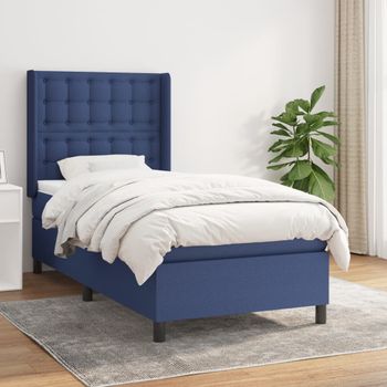 Cama Individual | Cama Para Adultos | Cama Box Spring Con Colchón Tela Azul 100x200 Cm Cfw926170