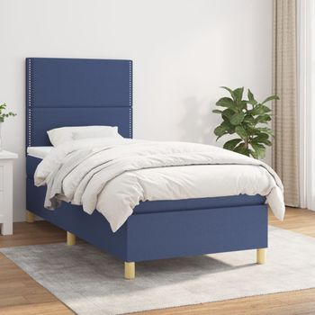 Cama Individual | Cama Box Spring | Cama Para Adultos Con Colchón Tela Azul 100x200 Cm Cfw222461