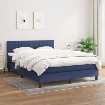 Cama Doble | Cama Box Spring | Cama Para Adultos Con Colchón Tela Azul 140x190 Cm Cfw908809