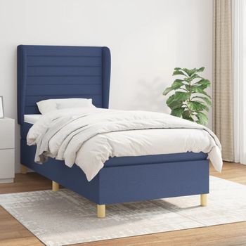 Cama Individual | Cama Para Adultos | Cama Box Spring Con Colchón Tela Azul 90x190 Cm Cfw824428