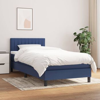 Cama Individual | Cama Box Spring | Cama Para Adultos Con Colchón Tela Azul 90x190 Cm Cfw843493