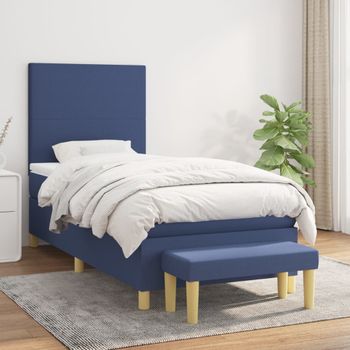 Cama Individual | Cama Box Spring | Cama Para Adultos Con Colchón Tela Azul 90x190 Cm Cfw555803