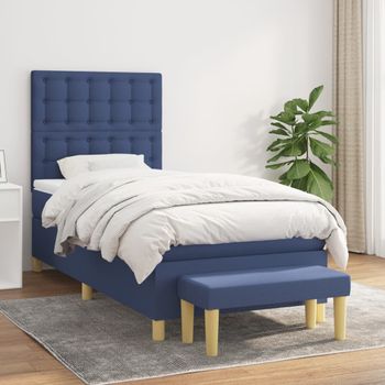 Cama Para Adulto | Cama Individual | Cama Box Spring Con Colchón Tela Azul 90x190 Cm Cfw577612