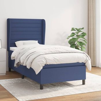 Cama Individual | Cama Para Adultos | Cama Box Spring Con Colchón Tela Azul 90x190 Cm Cfw800291