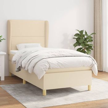 Cama Individual | Cama Para Adultos | Cama Box Spring Con Colchón Tela Color Crema 90x190 Cm Cfw761172