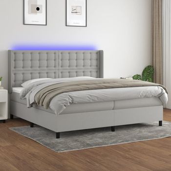 Cama Matrimonial | Cama Para Adultos | Cama Box Spring Con Colchón Tela Y Led Gris Claro 200x200 Cm Cfw661288