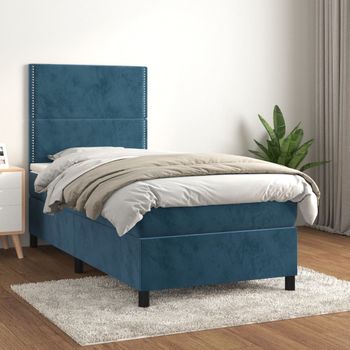 Cama Individual | Cama Box Spring | Cama Para Adultos Con Colchón Terciopelo Azul Oscuro 100x200 Cm Cfw186974