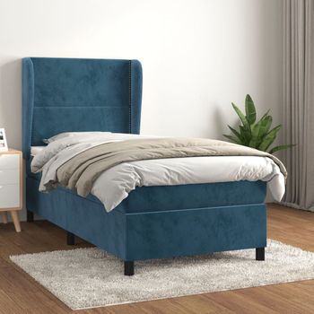 Cama Individual | Cama Para Adultos | Cama Box Spring Con Colchón Terciopelo Azul Oscuro 80x200 Cm Cfw322980