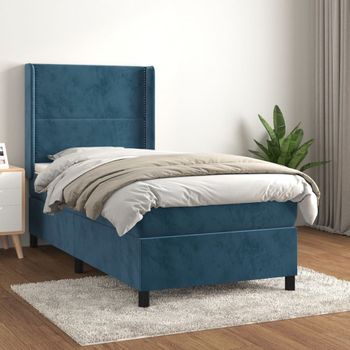 Cama Individual | Cama Para Adultos | Cama Box Spring Con Colchón Terciopelo Azul Oscuro 80x200 Cm Cfw715614