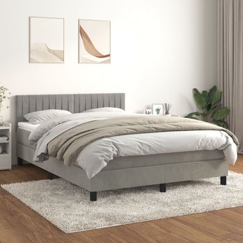 Cama Matrimonial | Cama Para Adultos | Cama Box Spring Con Colchón Terciopelo Gris Claro 140x200 Cm Cfw128485