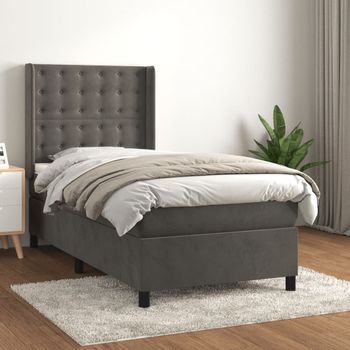 Cama Individual | Cama Box Spring | Cama Para Adultos Con Colchón Terciopelo Gris Oscuro 100x200 Cm Cfw543855