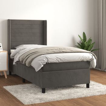 Cama Individual | Cama Box Spring | Cama Para Adultos Con Colchón Terciopelo Gris Oscuro 100x200 Cm Cfw659700