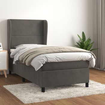 Cama Individual | Cama Box Spring | Cama Para Adultos Con Colchón Terciopelo Gris Oscuro 100x200 Cm Cfw244941