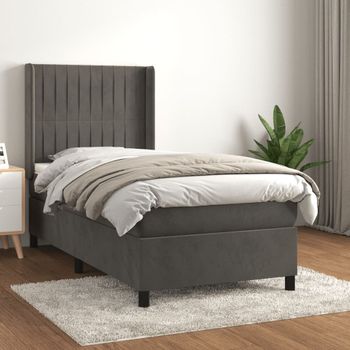 Cama Individual | Cama Box Spring | Cama Para Adultos Con Colchón Terciopelo Gris Oscuro 100x200 Cm Cfw697403