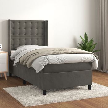 Cama Individual | Cama Box Spring | Cama Para Adultos Con Colchón Terciopelo Gris Oscuro 80x200 Cm Cfw488546