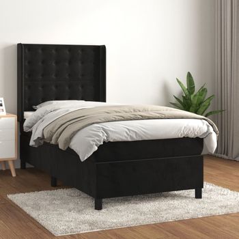 Cama Individual | Cama Para Adultos | Cama Box Spring Con Colchón Terciopelo Negro 80x200 Cm Cfw124639