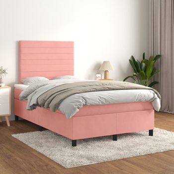 Cama Matrimonial | Cama Para Adultos | Cama Box Spring Con Colchón Terciopelo Rosa 120x200 Cm Cfw217120