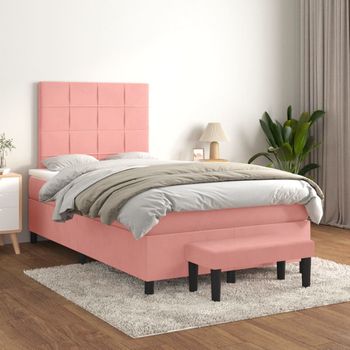 Cama Matrimonial | Cama Para Adultos | Cama Box Spring Con Colchón Terciopelo Rosa 120x200 Cm Cfw202588