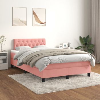 Cama Matrimonial | Cama Para Adultos | Cama Box Spring Con Colchón Terciopelo Rosa 120x200 Cm Cfw755883